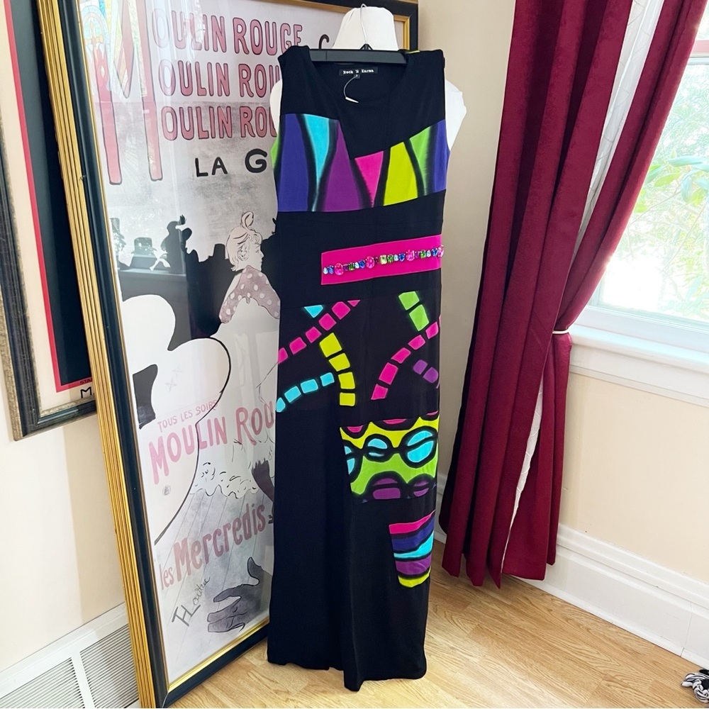 Rock 'N Karma: Long Black and Vibrant Bedazzled Waist Detail Maxi Dress Size S